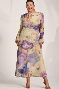 Long Sleeve Slash Neck Mesh Maxi Dress, Yellow Floral