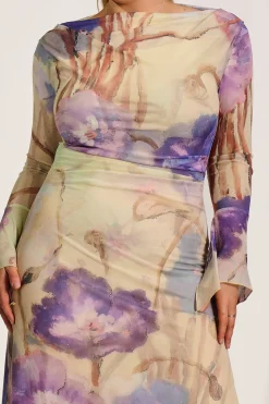 Long Sleeve Slash Neck Mesh Maxi Dress, Yellow Floral