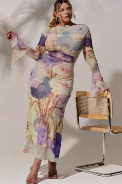 Long Sleeve Slash Neck Mesh Maxi Dress, Yellow Floral
