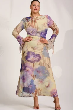 Long Sleeve Slash Neck Mesh Maxi Dress, Yellow Floral