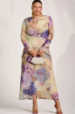 Long Sleeve Slash Neck Mesh Maxi Dress, Yellow Floral