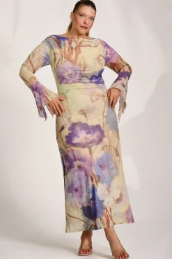 Long Sleeve Slash Neck Mesh Maxi Dress, Yellow Floral