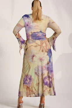 Long Sleeve Slash Neck Mesh Maxi Dress, Yellow Floral
