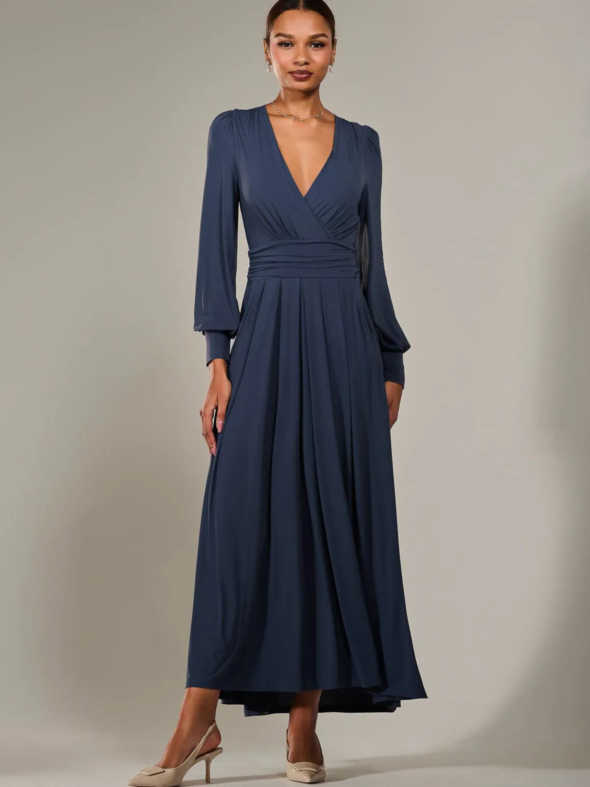 Long Sleeve Super Soft Jersey Maxi Dress, Steel Blue
