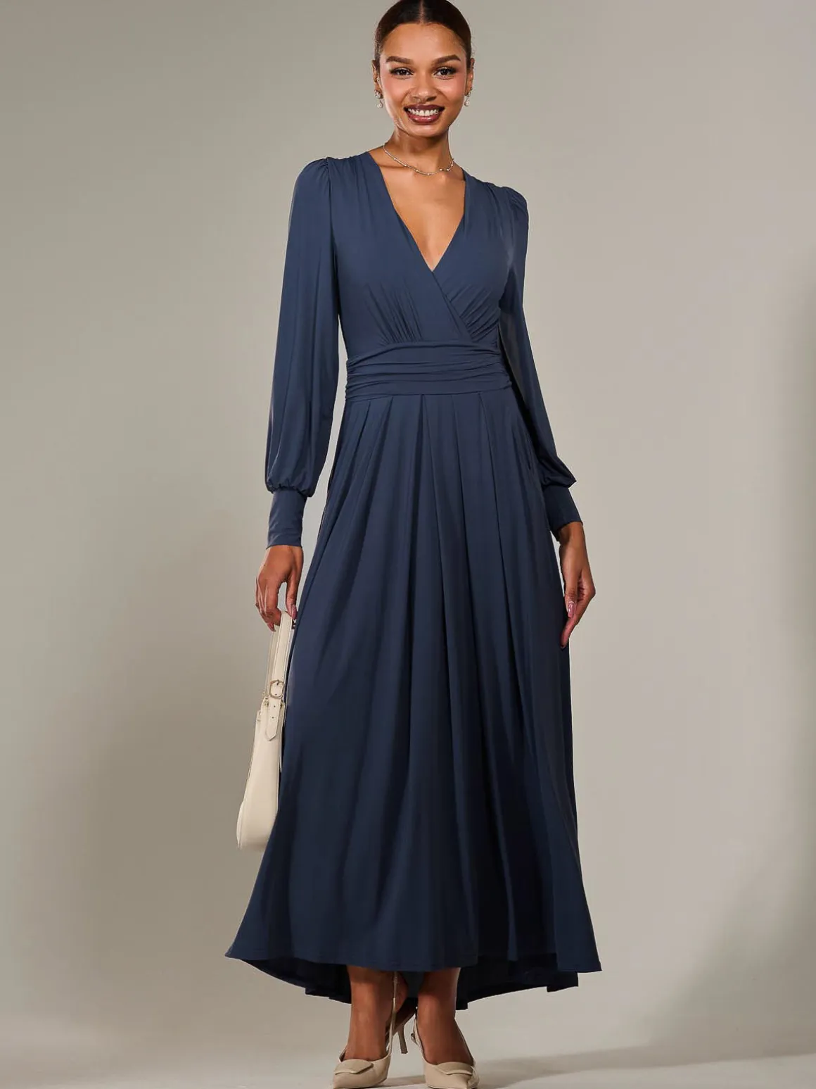 Long Sleeve Super Soft Jersey Maxi Dress, Steel Blue