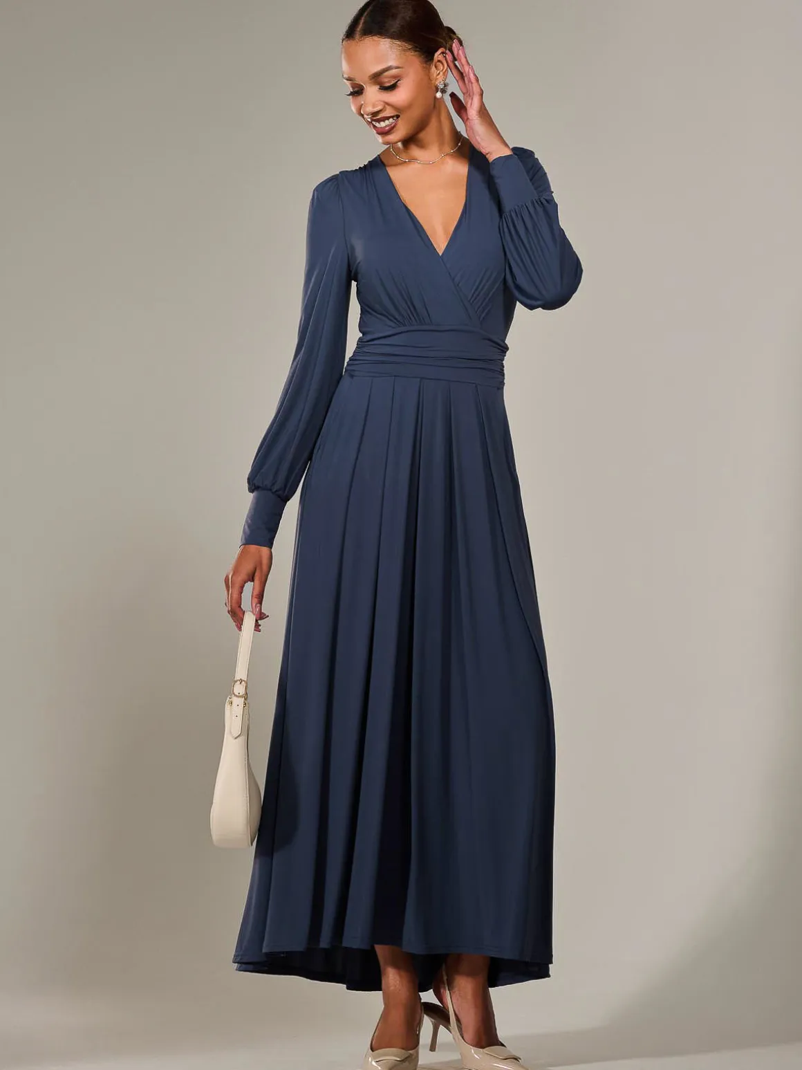 Long Sleeve Super Soft Jersey Maxi Dress, Steel Blue