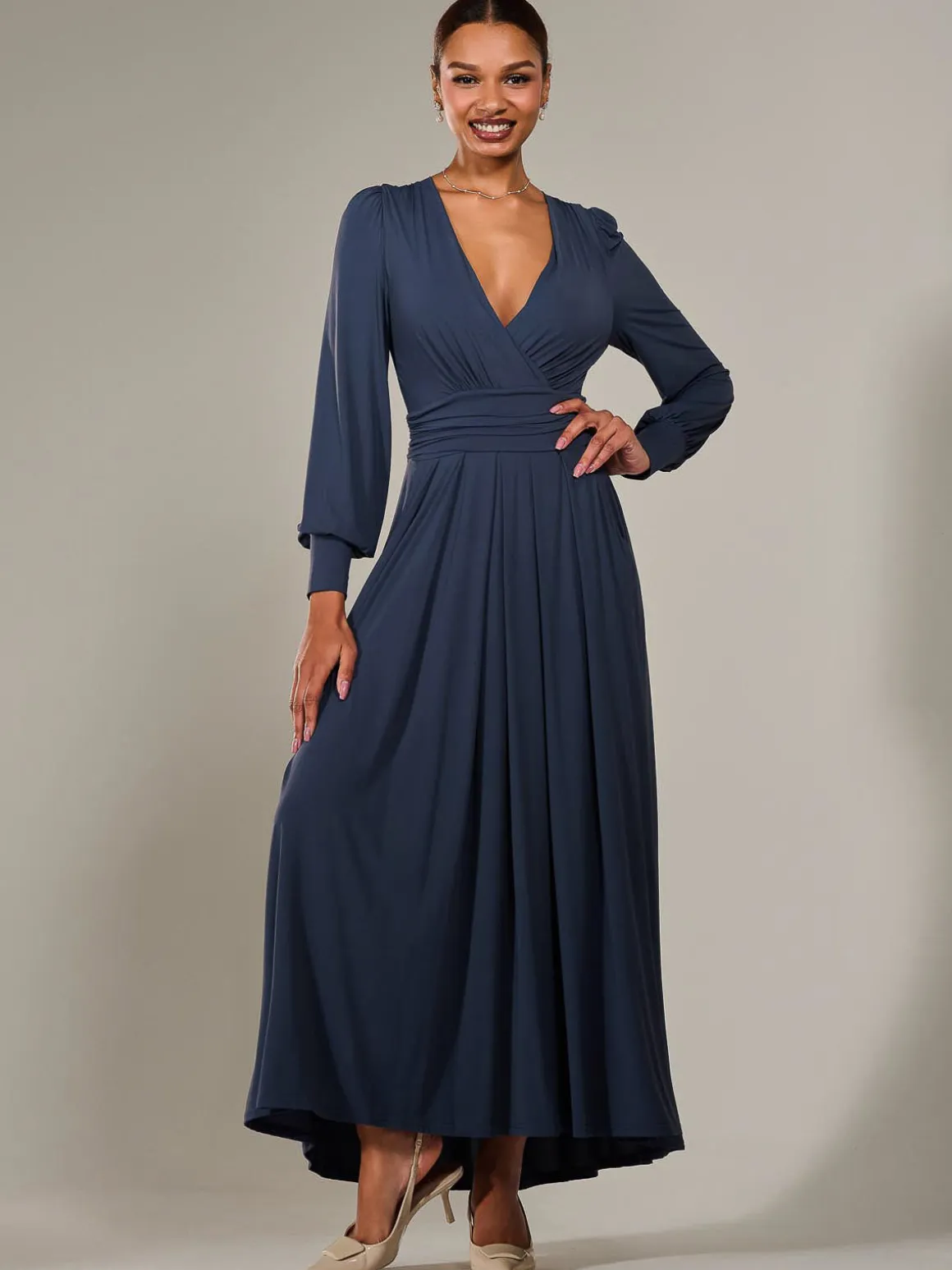 Long Sleeve Super Soft Jersey Maxi Dress, Steel Blue