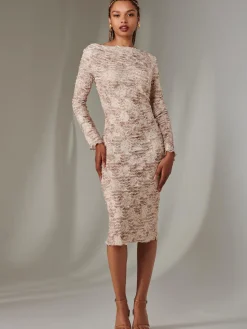Long Sleeve Textured Midi Dress, Beige Abstract