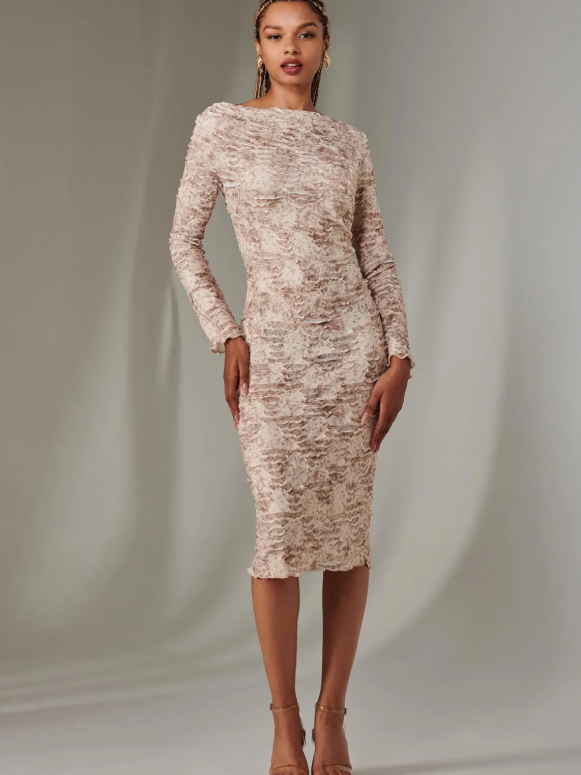 Long Sleeve Textured Midi Dress, Beige Abstract