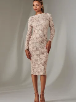 Long Sleeve Textured Midi Dress, Beige Abstract