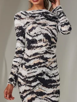 Long Sleeve Textured Midi Dress, Black Abstract