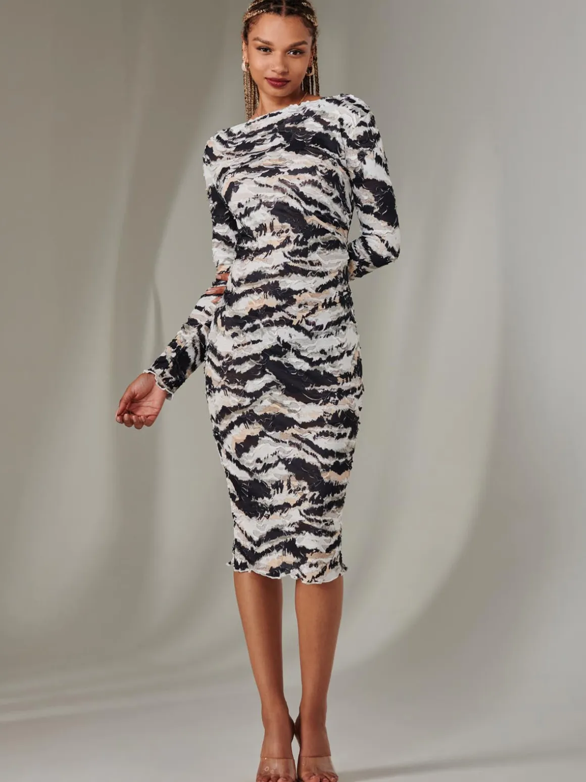 Long Sleeve Textured Midi Dress, Black Abstract