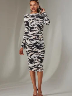 Long Sleeve Textured Midi Dress, Black Abstract