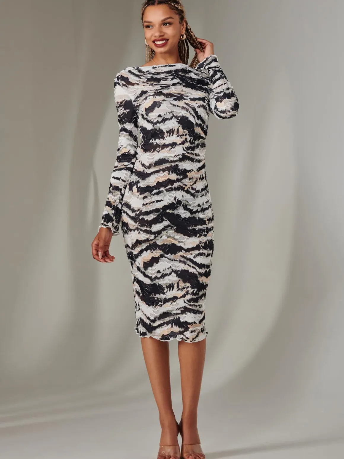 Long Sleeve Textured Midi Dress, Black Abstract
