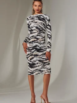 Long Sleeve Textured Midi Dress, Black Abstract