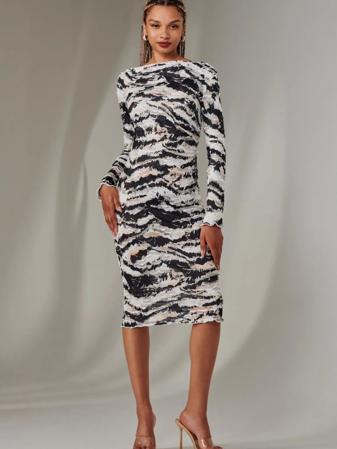 Long Sleeve Textured Midi Dress, Black Abstract