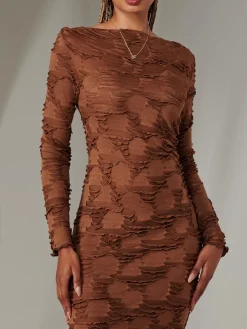 Long Sleeve Textured Midi Dress, Dark Brown