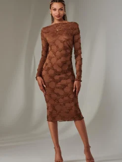 Long Sleeve Textured Midi Dress, Dark Brown
