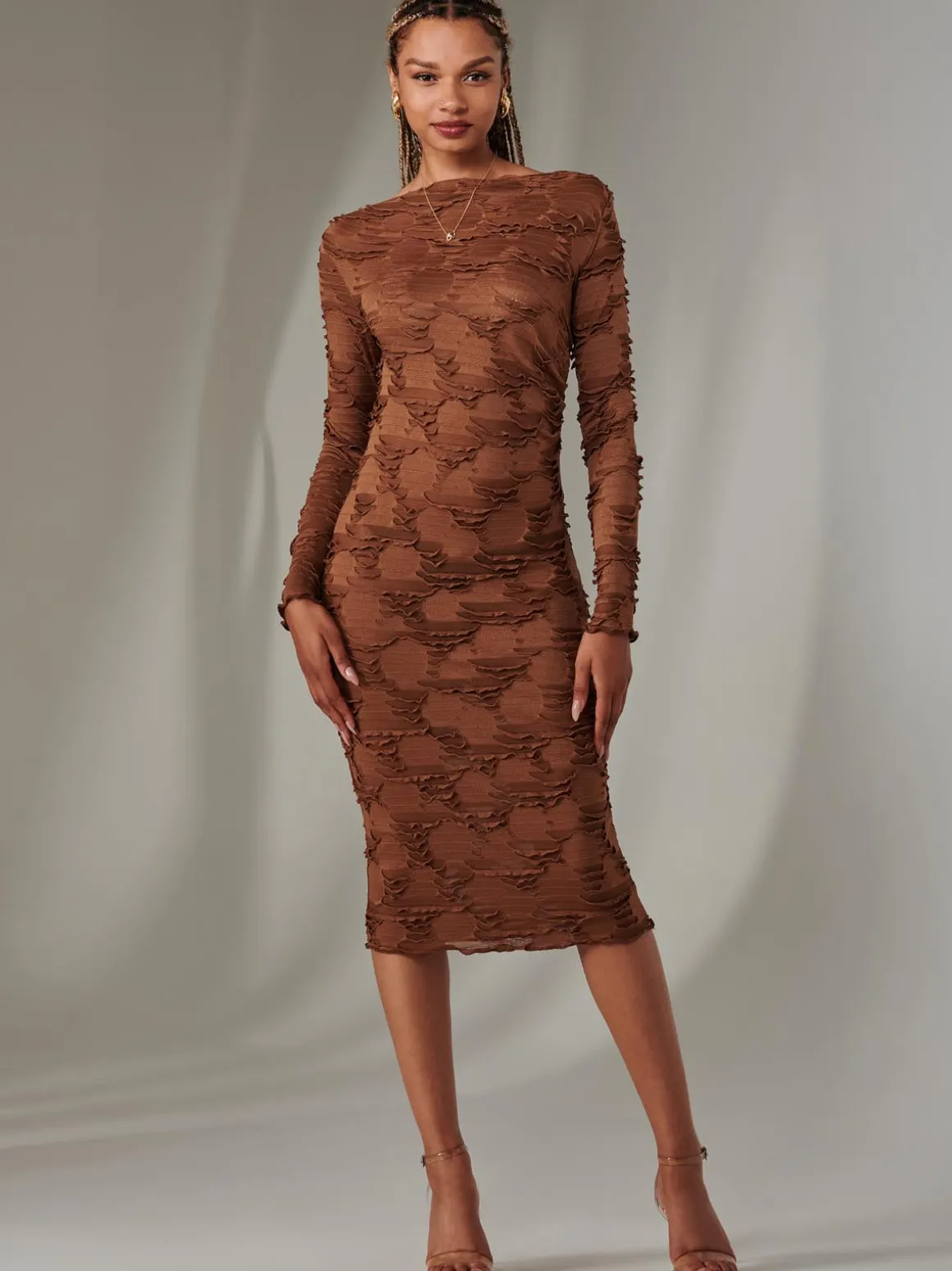 Long Sleeve Textured Midi Dress, Dark Brown