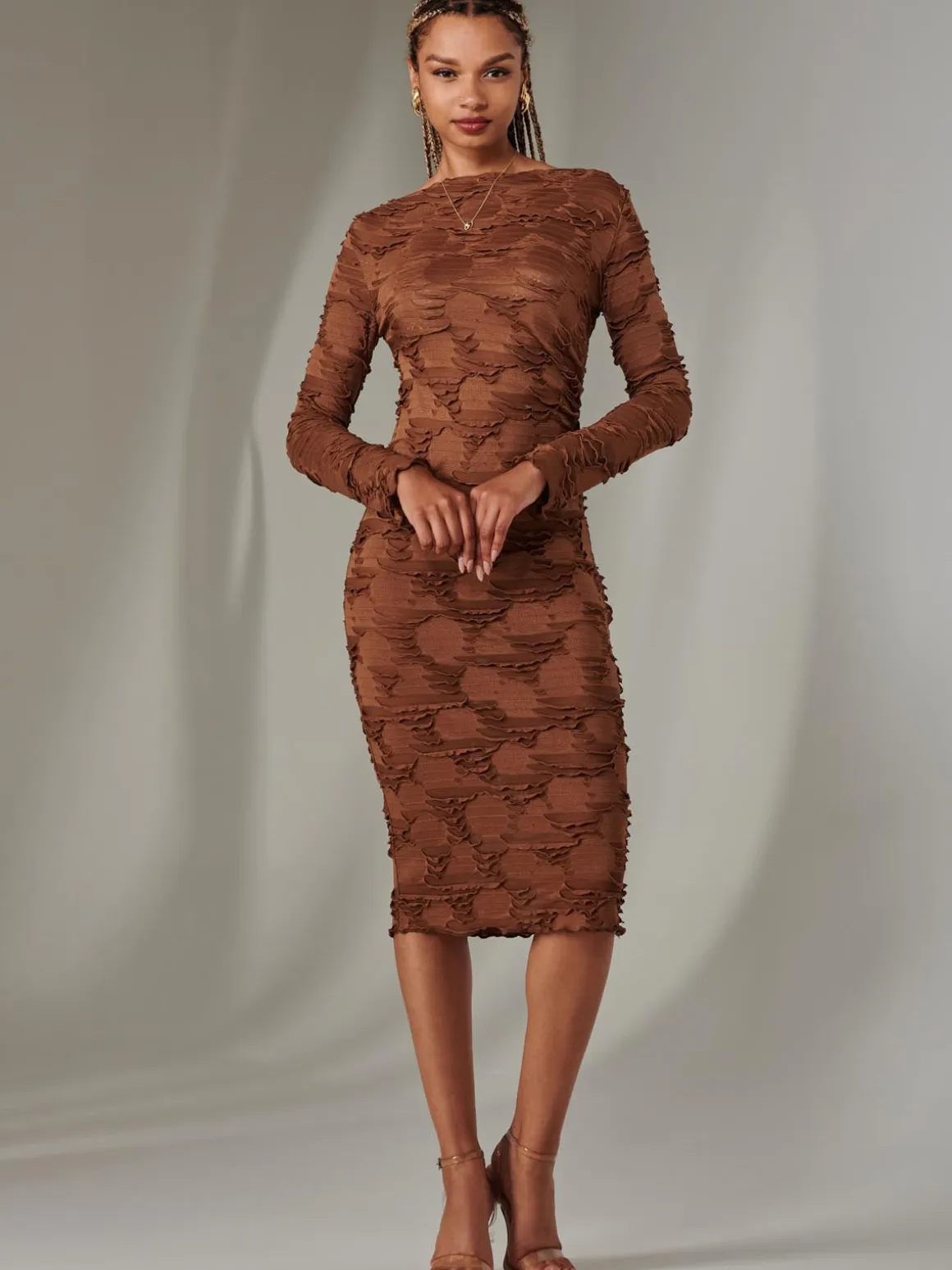 Long Sleeve Textured Midi Dress, Dark Brown