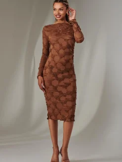 Long Sleeve Textured Midi Dress, Dark Brown