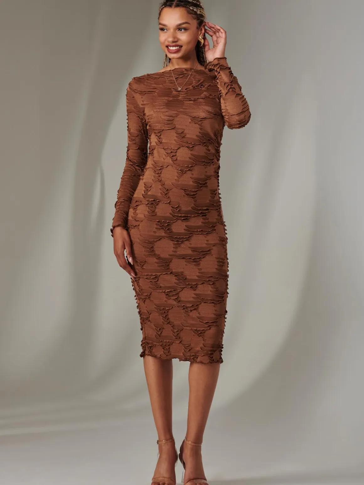 Long Sleeve Textured Midi Dress, Dark Brown