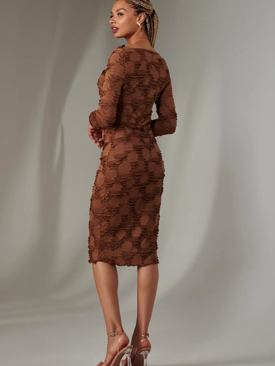 Long Sleeve Textured Midi Dress, Dark Brown