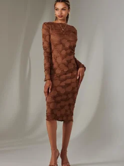 Long Sleeve Textured Midi Dress, Dark Brown