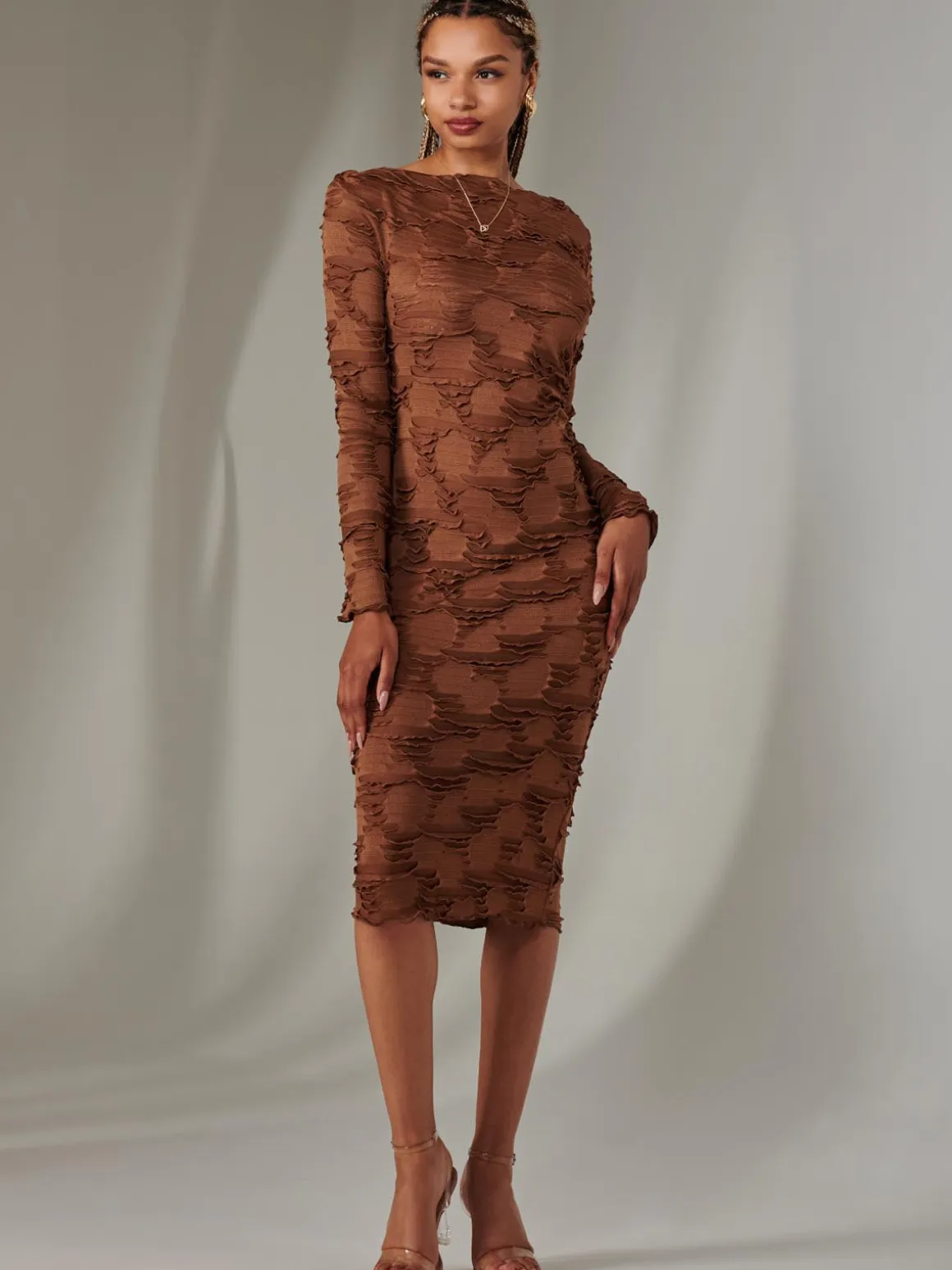 Long Sleeve Textured Midi Dress, Dark Brown