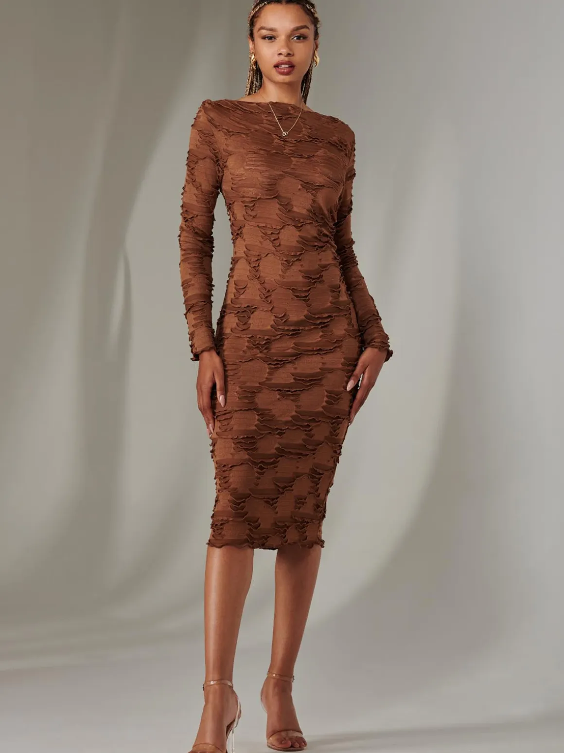 Long Sleeve Textured Midi Dress, Dark Brown