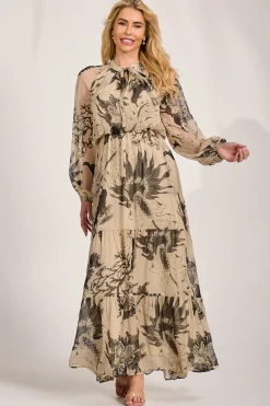 Long Sleeve Tie Neck Maxi Dress, Beige Pattern