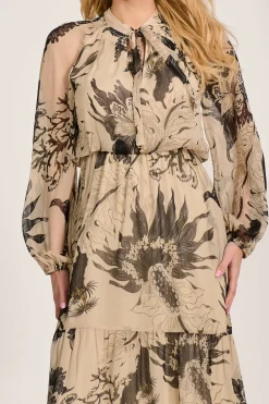 Long Sleeve Tie Neck Maxi Dress, Beige Pattern