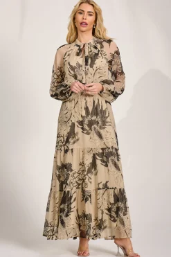 Long Sleeve Tie Neck Maxi Dress, Beige Pattern