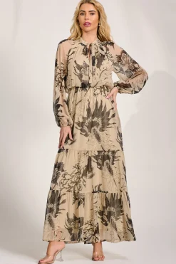 Long Sleeve Tie Neck Maxi Dress, Beige Pattern