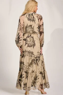 Long Sleeve Tie Neck Maxi Dress, Beige Pattern