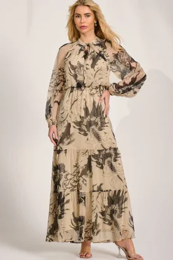 Long Sleeve Tie Neck Maxi Dress, Beige Pattern