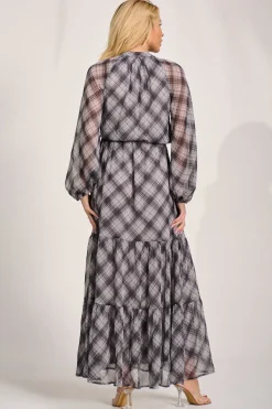Long Sleeve Tie Neck Maxi Dress, Black Check