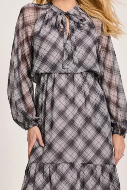 Long Sleeve Tie Neck Maxi Dress, Black Check