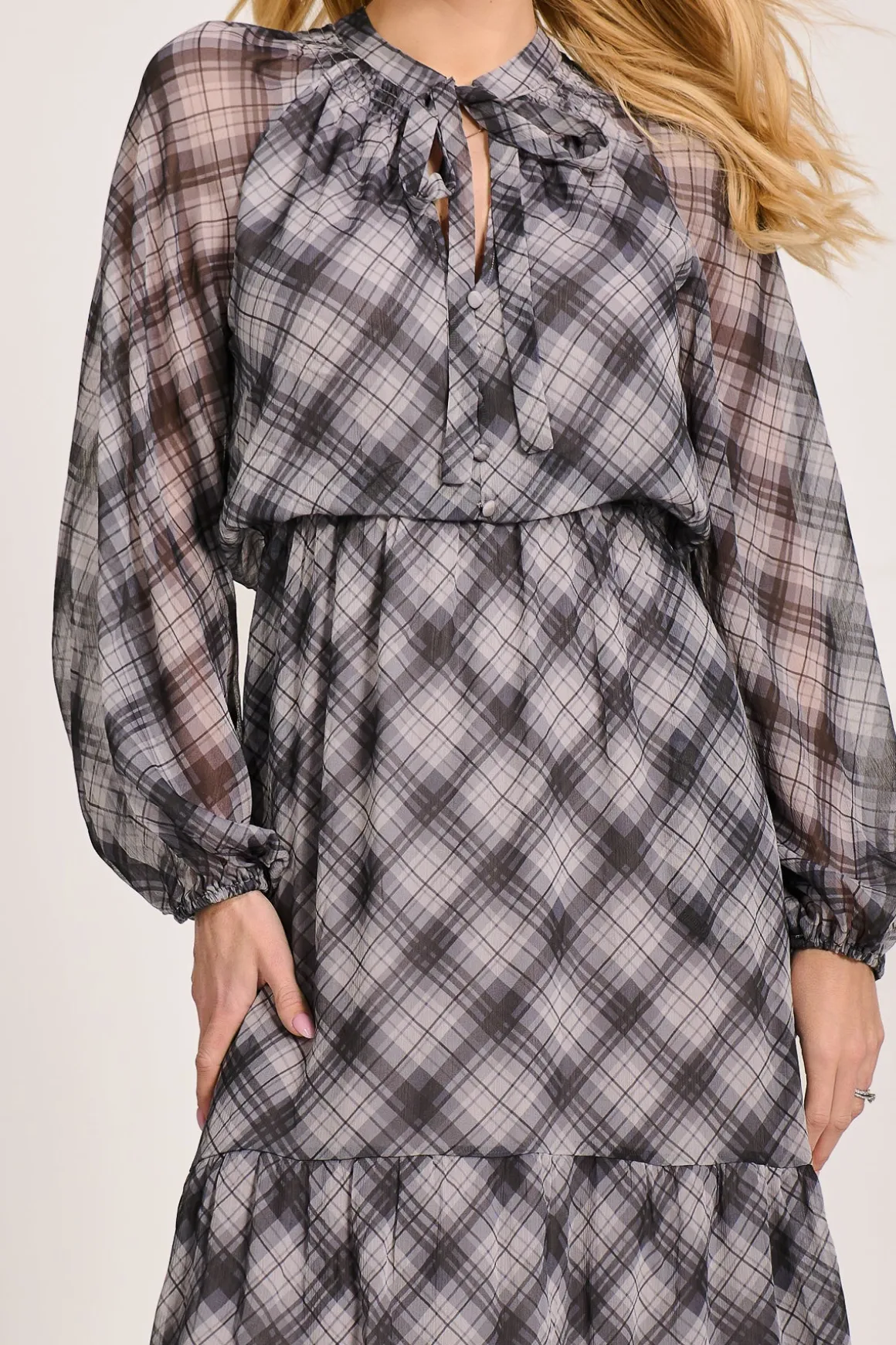Long Sleeve Tie Neck Maxi Dress, Black Check