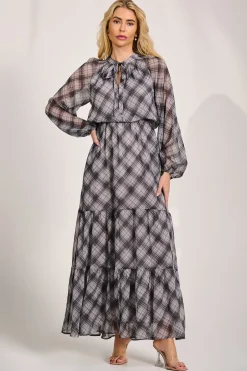 Long Sleeve Tie Neck Maxi Dress, Black Check