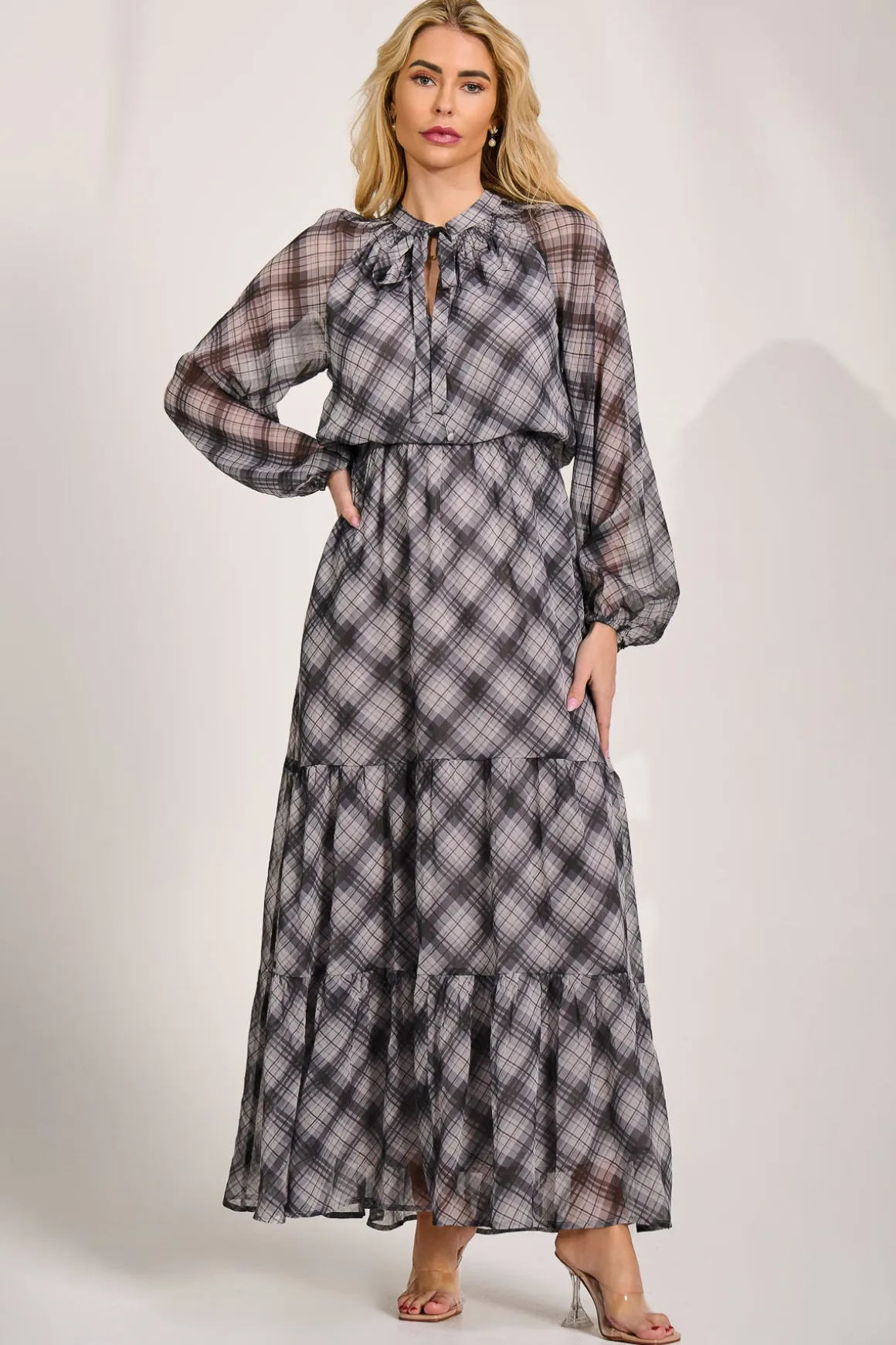 Long Sleeve Tie Neck Maxi Dress, Black Check