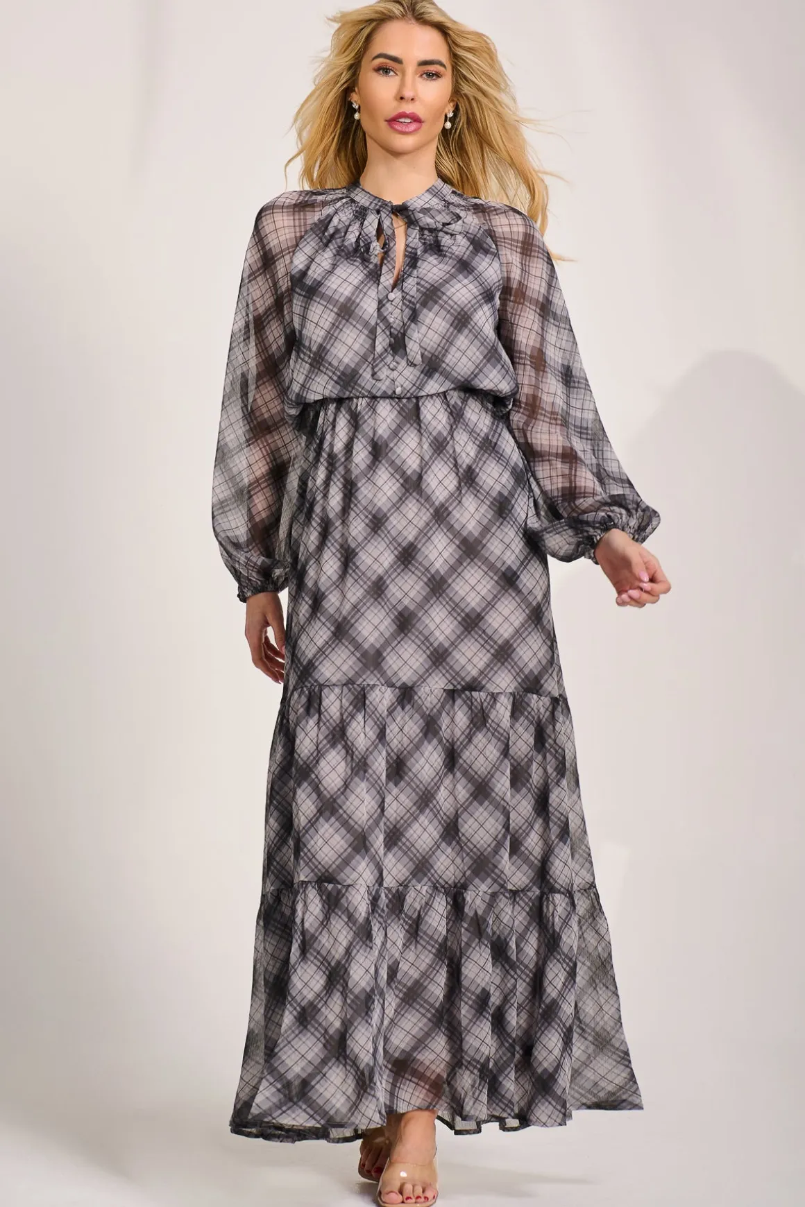 Long Sleeve Tie Neck Maxi Dress, Black Check