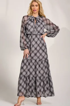 Long Sleeve Tie Neck Maxi Dress, Black Check
