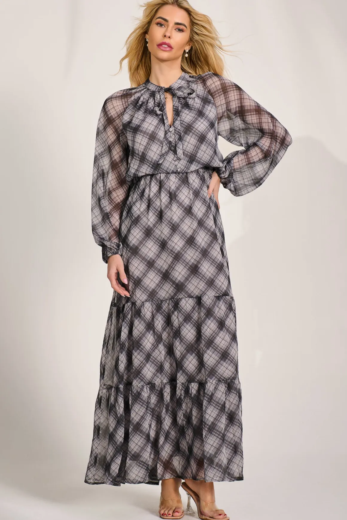 Long Sleeve Tie Neck Maxi Dress, Black Check