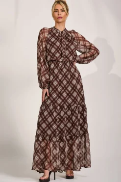 Long Sleeve Tie Neck Maxi Dress, Brown Check