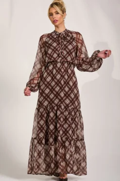 Long Sleeve Tie Neck Maxi Dress, Brown Check