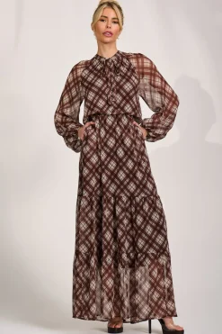Long Sleeve Tie Neck Maxi Dress, Brown Check