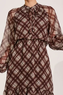 Long Sleeve Tie Neck Maxi Dress, Brown Check