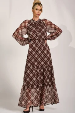 Long Sleeve Tie Neck Maxi Dress, Brown Check
