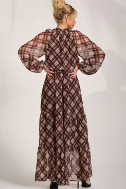Long Sleeve Tie Neck Maxi Dress, Brown Check